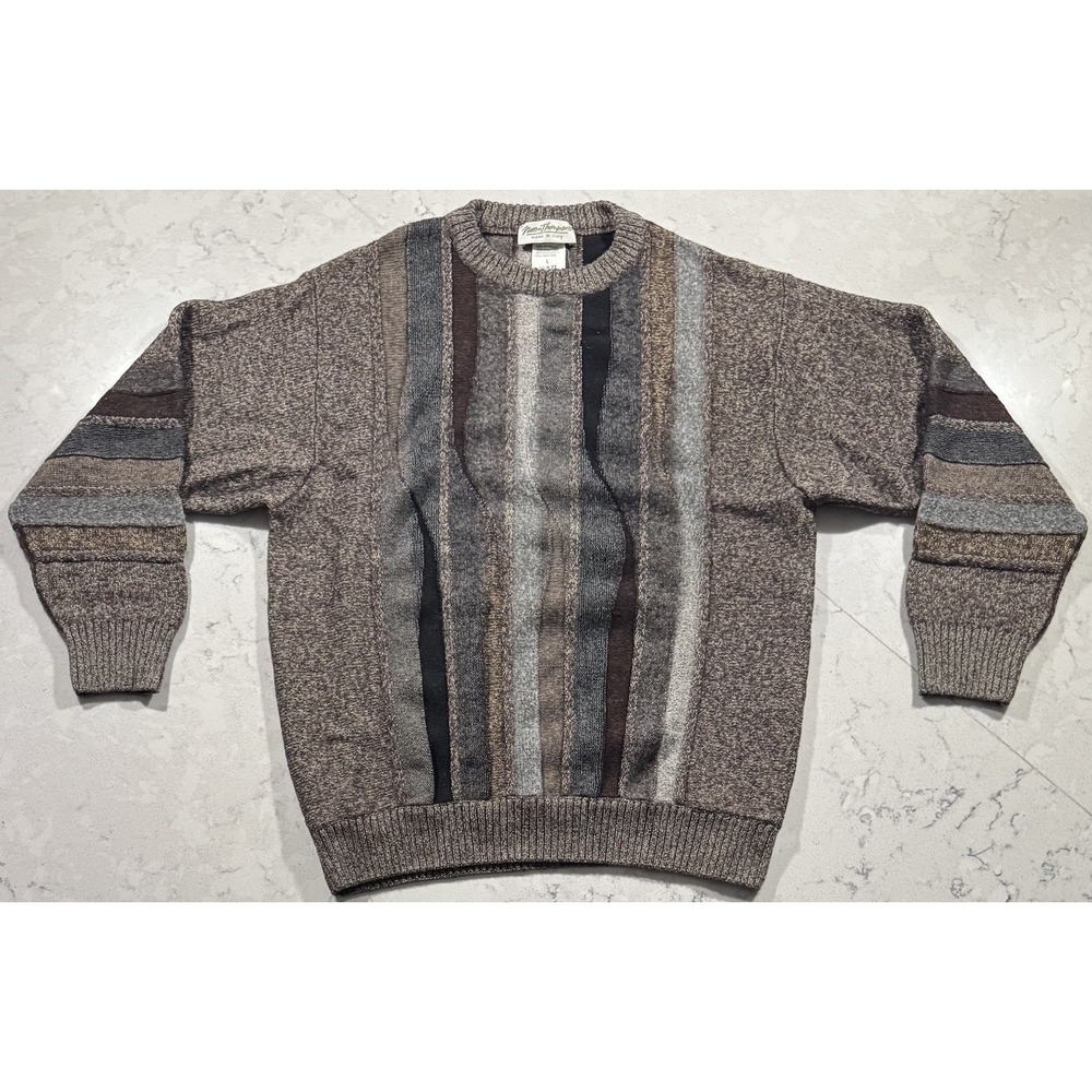 VTG 90s Norm Thompson Sweater Mens Large Brown Striped 3D Knit Coogi Style Italy